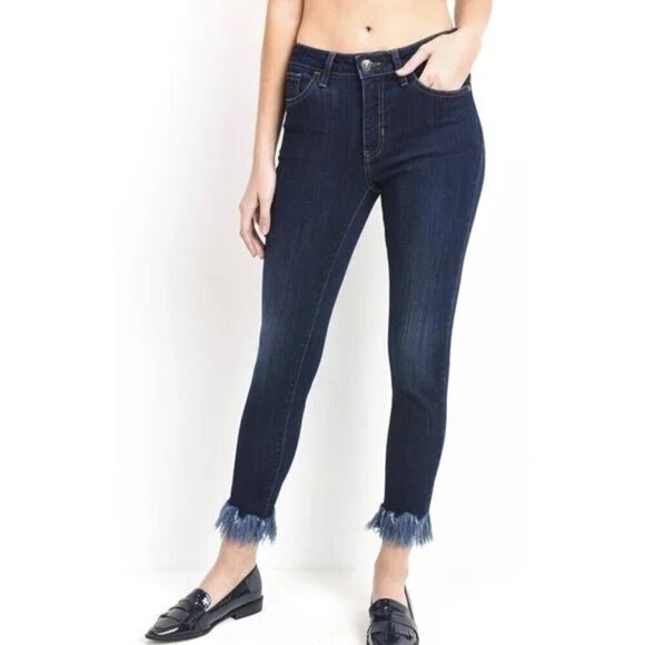 EUC Just Black Denim Fringe Hem Ankle Jeans Shark Bite Stretch Indigo US Made 29 - Picture 2 of 12